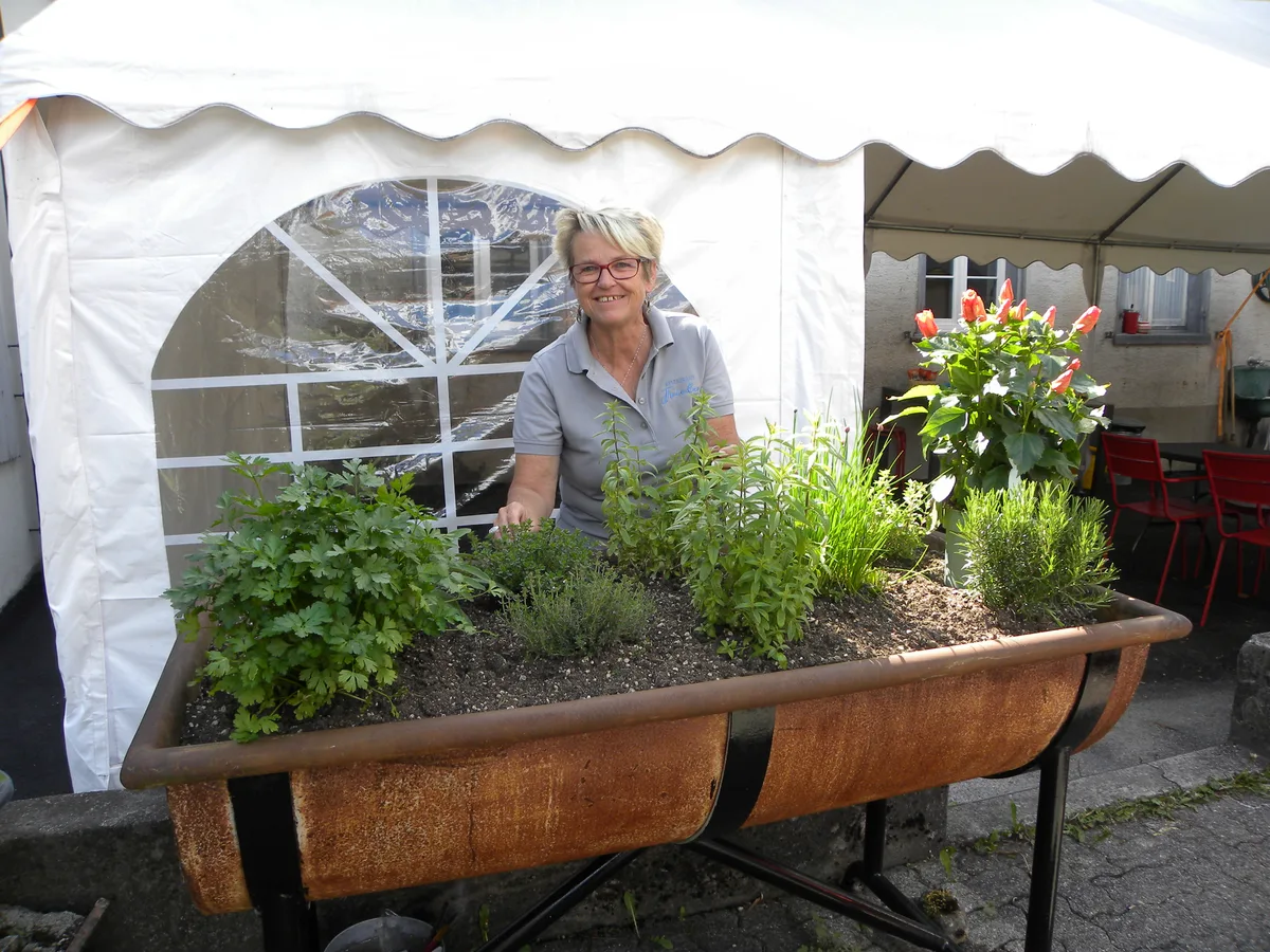 190521_gartenbeizen_gutknechtrenate_4 Madeleine Röck freut sich auf den Moment, wo die Kräuter vermehrt in der Küche verwendet werden können., Die «Linde» in Ober-Langenhard trumpft mit einem soliden Zelt auf., Die Gartenwirtschaft vom «Bahnhöfli» in Bauma ist nicht regentauglich., Auf einer Werbetafel an der Hauptstrasse in Dillhaus wird über die Öffnung des Baumer Speiserestaurants informiert.