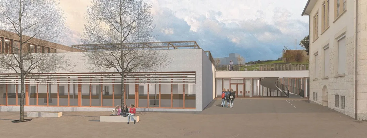 visualisierung_sporthalle_russikon_3 Eine Fensterfront, ein Flachdach: So soll die neue Sporthalle aussehen., Der Hallenboden soll sich im Untergeschoss befinden, die Zuschauergalerie ebenerdig sein., Durch die grossen Fenster soll die Halle von Licht durchflutet werden.