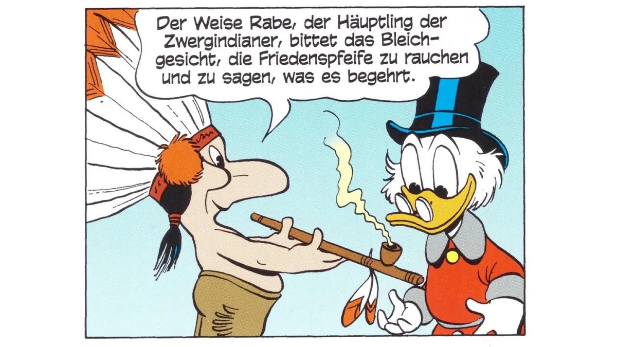 1280_0 Im Originalcomic ist Onkel Dagobert noch ein «Bleichgesicht» und der Weise Rabe «Häuptling der Zwergindianer», …, …in der neuen Classic Edition wird Dagobert zum «anderen Anführer», das sich aufs «Bleichgesicht» beziehende «es» blieb stehen.
