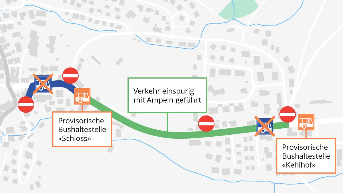 Im blauen Abschnitt ist die zweispurige Durchfahrt mehrheitlich gewährleistet, im grünen nur einspurig., Auf der St. Gallerstrasse kommt es zu Einschränkungen. Hier ein Bild aus dem Archiv., Die Ein- und Ausfahrt bei der Feldstrasse beim Gehörlosendorf wird gesperrt sein.