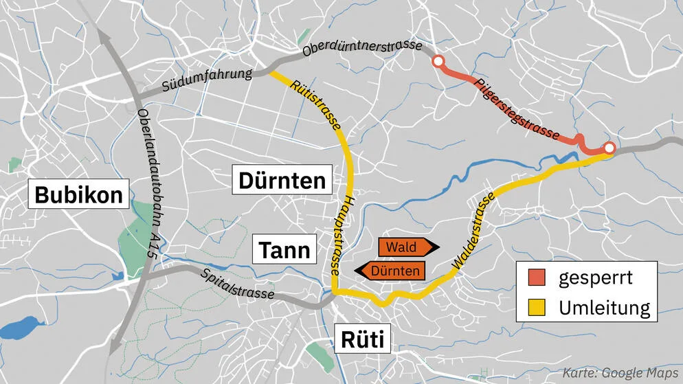 Die Umleitung führt mitten durchs Zentrum von Rüti.