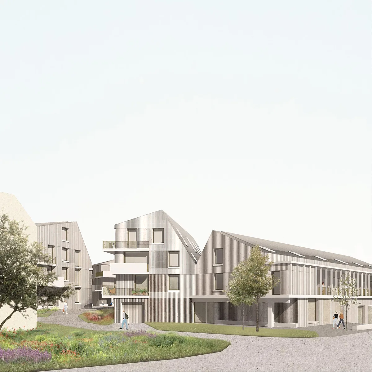 So soll das Projekt «Serendipity» einst aussehen., Der Bau wird voraussichtlich im Jahr 2025 fertig werden., Der Bau wird auf dem Gebiet Iselacher zu liegen kommen., Baukommission mit Architekt (v.l.) Jeannine Herren, Dan Schürch (Architekt), Peter Weidmann, Roger Russenberger, Hannes Wüthrich