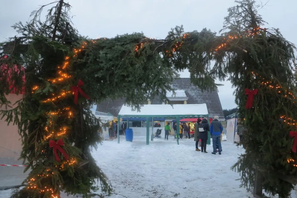 weihnachtsmarkt-wildberg-cheebab-5 Selbst bei schlechtem Wetter kamen immer wieder ein paar neue Besucherinnen und Besucher an den Wildberger Weihnachtsmarkt., Der Honigstand duftete schon von Weitem., Der Cheebab war sehr beliebt bei den Gästen., Zudem gab es eine Bar aus einem Schneeblock., Roland Rüegg (zweiter v. r.), Erfinder des Cheebab und Mitglied des OKs, ist sehr zufrieden mit der Organisation.