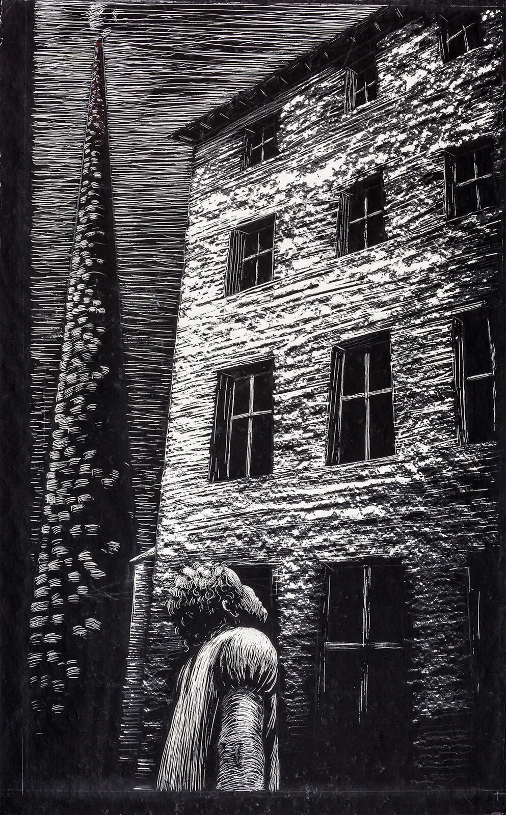 Die Schwarzweiss-Illustration zeigt ein kleines Mädchen (Anneli), das vor einem mehrstöckigen Fabrikgebäude steht und nach oben zu einem der Fenster schaut.