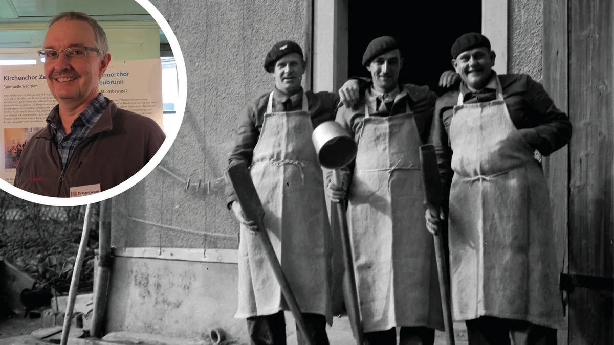 wolfgang-wahl-ortsmuseum-wila-internierte-toesstal Wolfgang Wahl hat die Ausstellung über Internierte im Tösstal konzipiert., Internierte halfen zum Beispiel in der Landarbeit, wie hier französische Soldaten., Die Ausstellung findet im Ortsmuseum Wila statt.