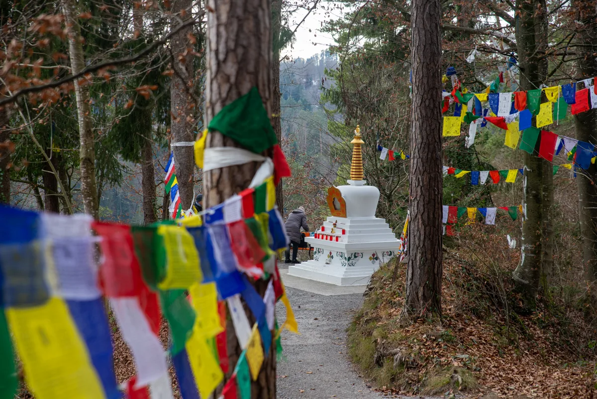 Stupa, ein kleines, säulenartiges buddhistisches Bauwerk im Wald gleich neben dem Tibet-Institut. Der Weg dahin ist mit den farbigen Gebetsfähnchen geschmückt, das Bauwerk selber erstrahlt in hellem Weiss, seine Spitze ist mit Blattgold verziert.