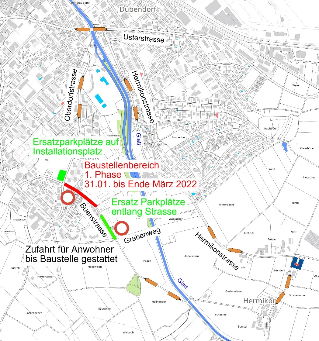 Man sieht einen Plan, wie der Verkehr während der ersten Bauphase geführt wird.