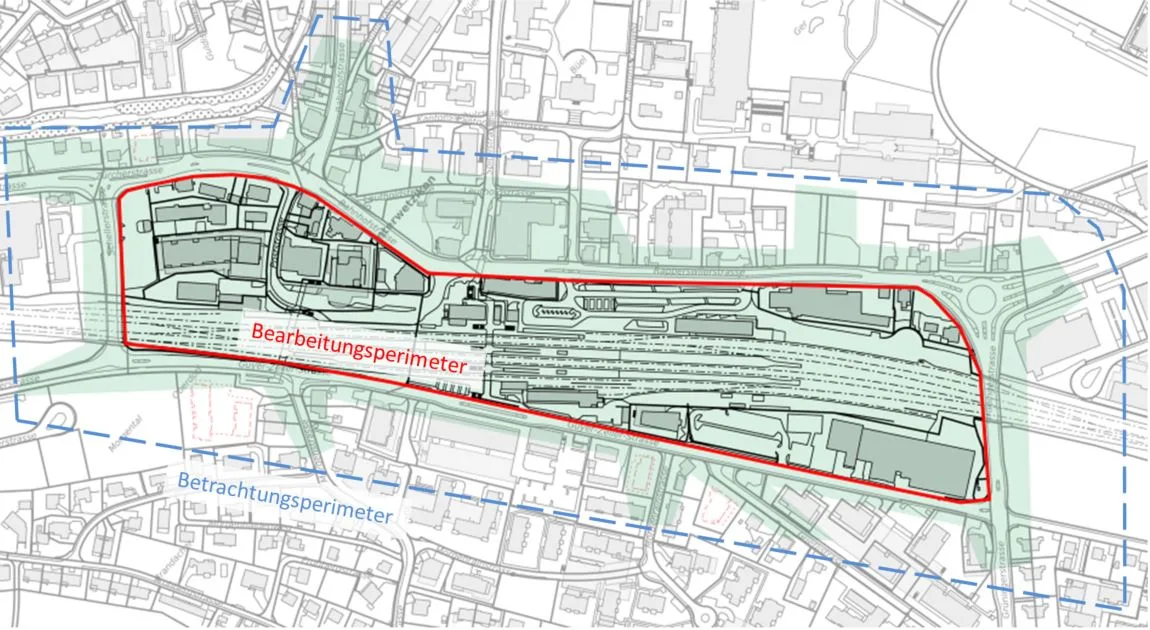 Bearbeitung- und Betrachtungsperimeter des Masterplans Unterwetzikon.