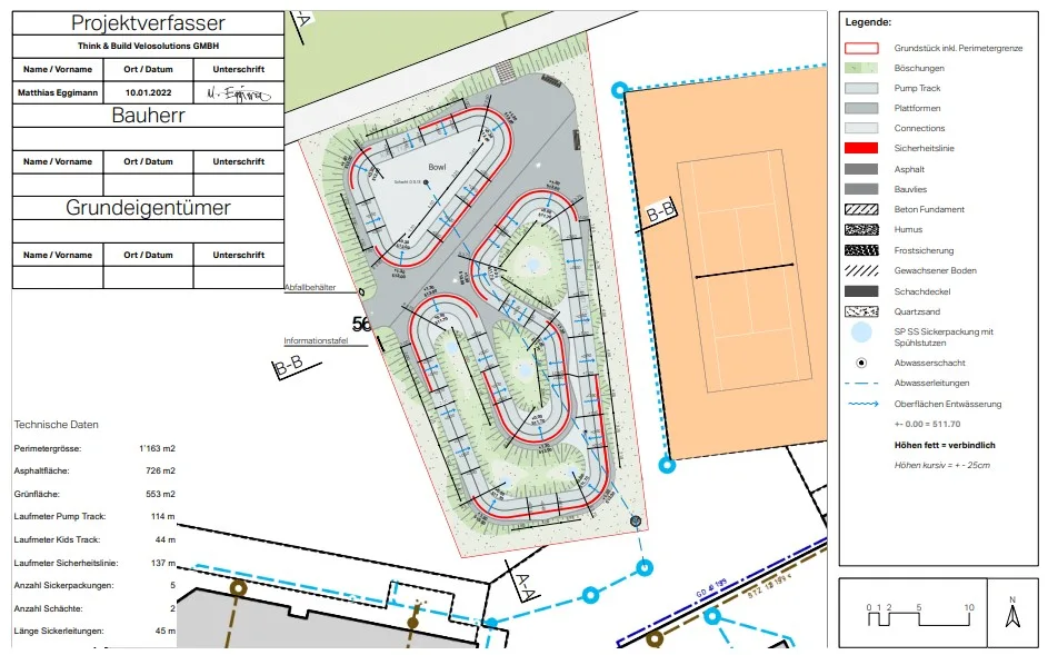 Der Plan zeigt die baulichen Massnahmen und den Standort der beiden Pumptracks auf der Sportanlage Arlets in Hinterrikon. 