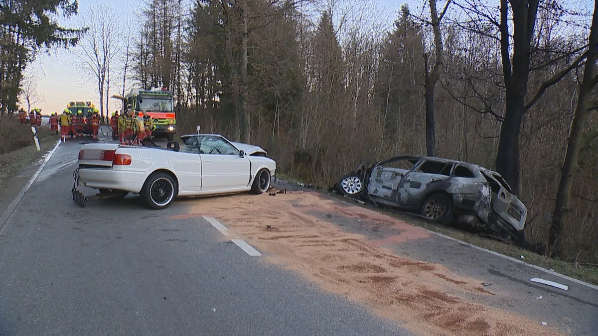 vu_aathal_seegraeben_zh_02 Auf dem Gemeindegebiet Aathal-Seegräben kam es zu einem schweren Verkehrsunfall., Ein Auto brannte dabei komplett ab. Die Fahrzeuginsassen konnten das Auto rechtzeitig verlassen.