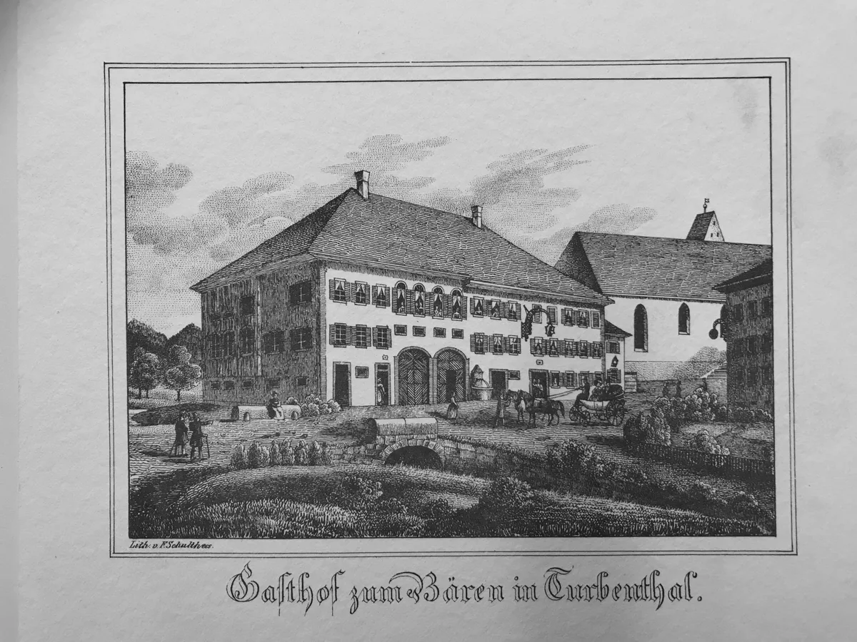 Diese Lithographie aus dem 19. Jahrhundert zeigt den ursprünglichen «Schwartzen Bären». Diese Lithographie aus dem 19. Jahrhundert zeigt den ursprünglichen «Schwartzen Bären» in Turbenthal.