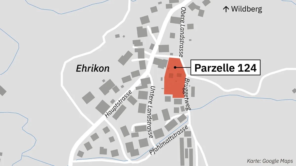 Die Grafik zeigt Ehrikon und die Lage der Parzelle 124. Sie ist rot markiert.