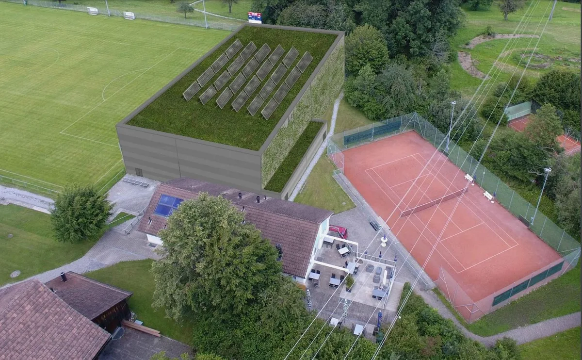 Visualisierung der geplanten Trainingshalle Schürwies. 