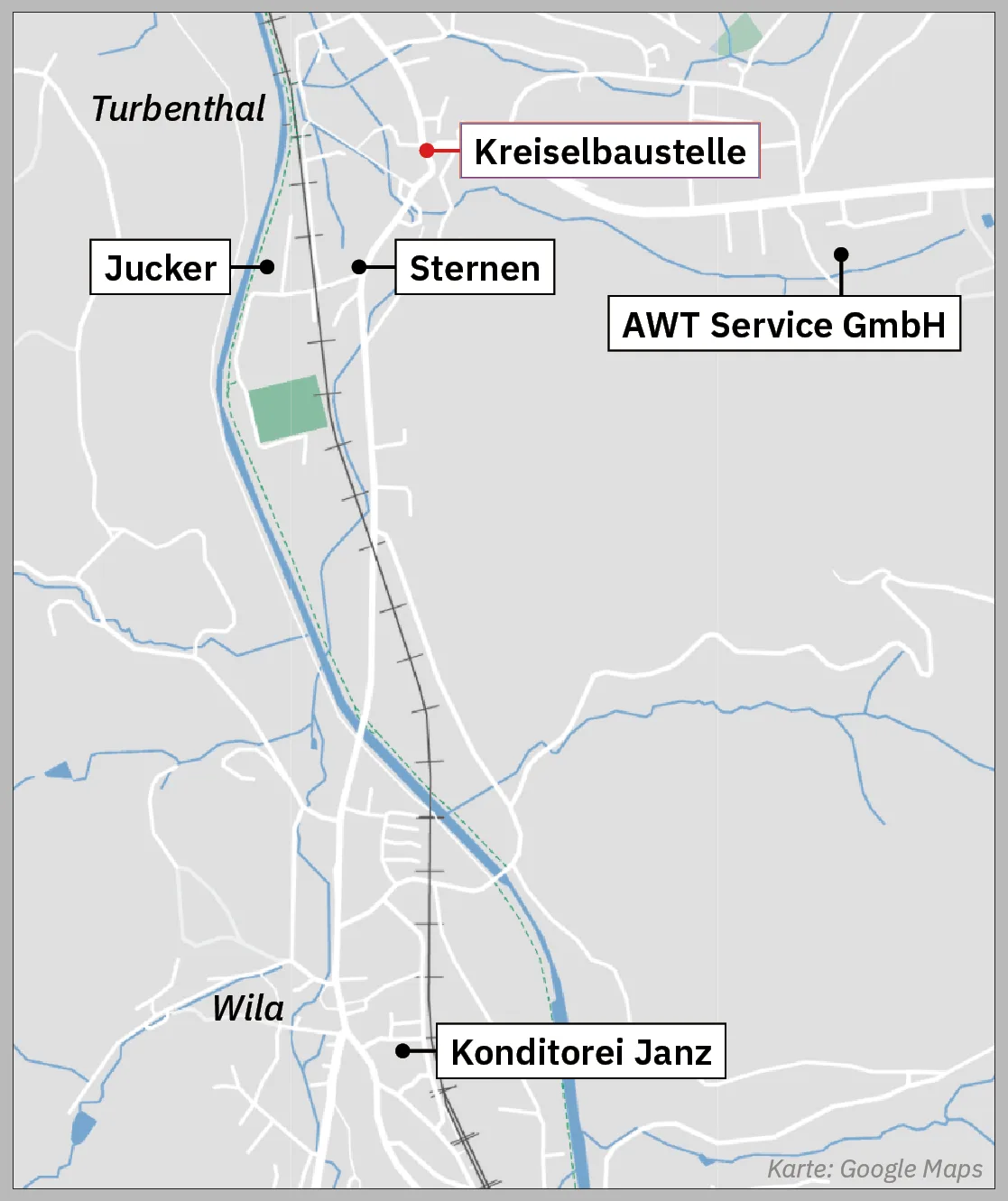 Man sieht eine Karte, auf der die vier Gewerbebetriebe und die Vollsperre in Turbenthal eingezeichnet sind.