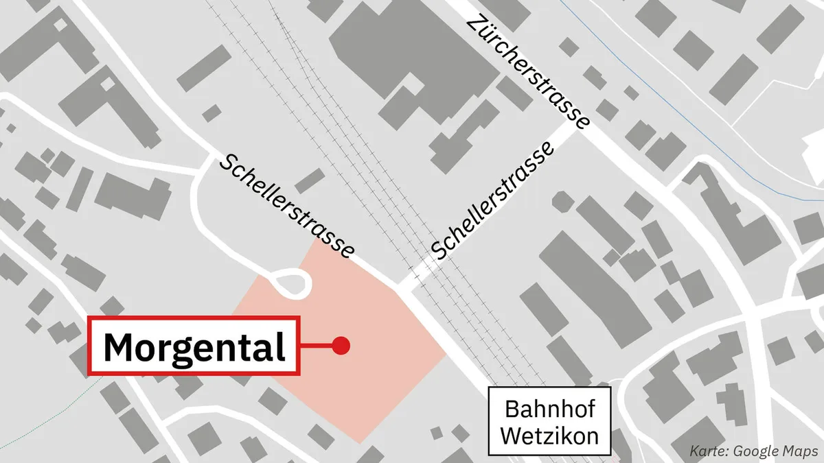 Man sieht eine Karte mit dem Areal Morgental in Wetzikon. Ebenfalls eingezeichnet sind die Zürichstrasse und der Bahnhof. 