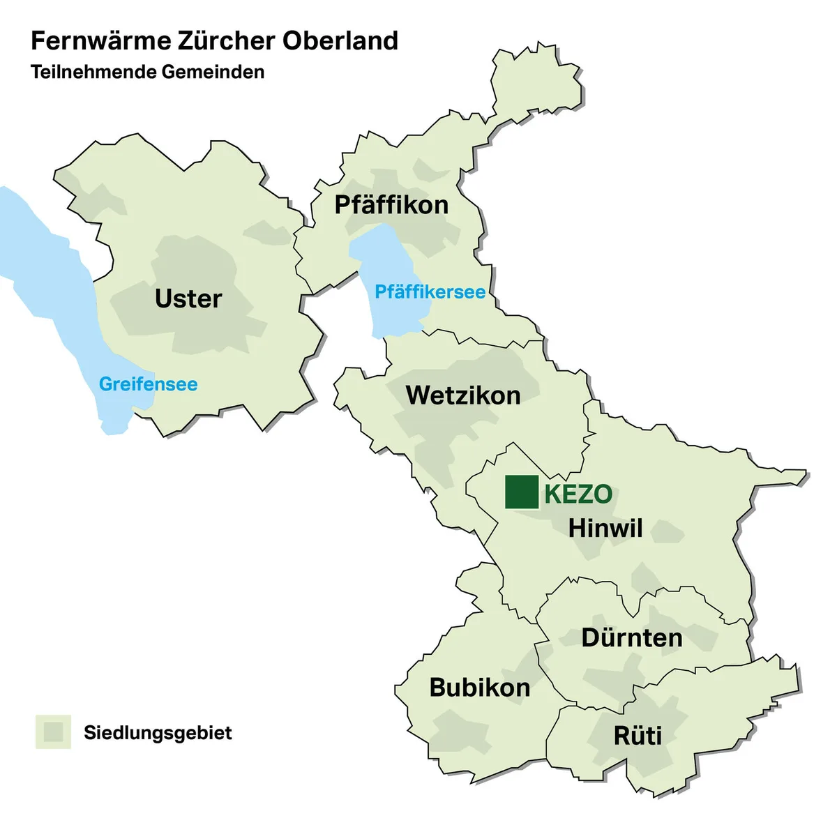 Auf einer Karte sind sieben Gemeinden zu sehen, die künftig vom selben Fernwärmenetz profitieren sollen.