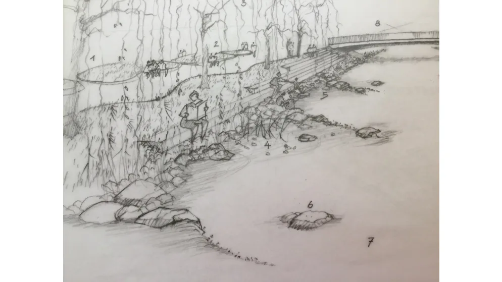 Blick flussabwärts zur neuen Glattbrücke: Neben Sitzflächen für die Menschen..., ... wurde der Uferbereich auch in ökologischer Hinsicht aufgewertet. Legende &amp;gt; siehe Box., Nach jahrelanger Planung und mehreren Strassensperrungen wegen Hochwasser wurden Brücke und Park 2017 eingeweiht.