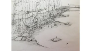 fuer_web_zeichnung_links_engel_glatt Blick flussabwärts zur neuen Glattbrücke: Neben Sitzflächen für die Menschen..., ... wurde der Uferbereich auch in ökologischer Hinsicht aufgewertet. Legende > siehe Box., Nach jahrelanger Planung und mehreren Strassensperrungen wegen Hochwasser wurden Brücke und Park 2017 eingeweiht.