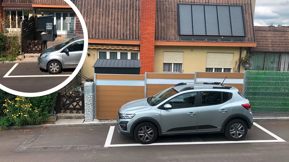 20220706-bildkombo-parkplatzchaos-esslingen Die Gemeinde hat das Parkplatz-Problem gelöst., Vorher: Der Parkplatz versperrte Eingang und Briefkasten. , Nachher: Der Parkplatz wurde um über einen Meter verschoben.