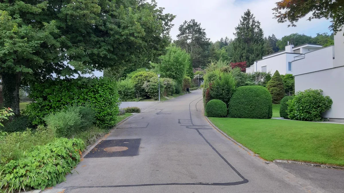 Quartierstrasse in Gockhausen mit gepflegten Hecken und Gärten.