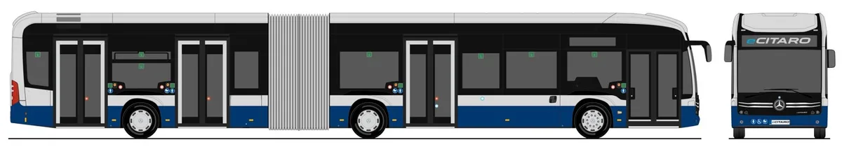 Eine Visualisierung zeigt einen Elektrobus von der Seite und von vorne.