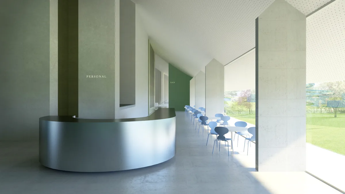 Visualisierung - Innenansicht/Bistro des geplanten Schwimmbads in Dübendorf.