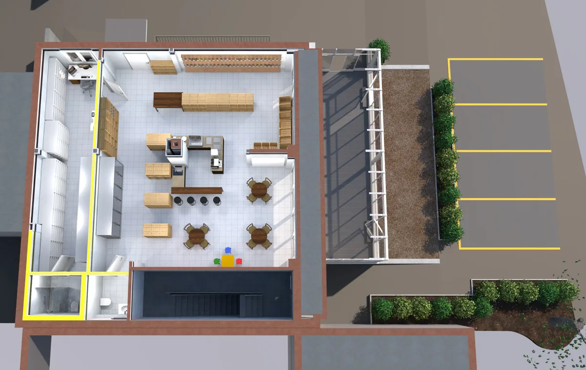 Aus der Vogelperspektive ist ein Ladenlokal fertig eingerichtet zu sehen.
