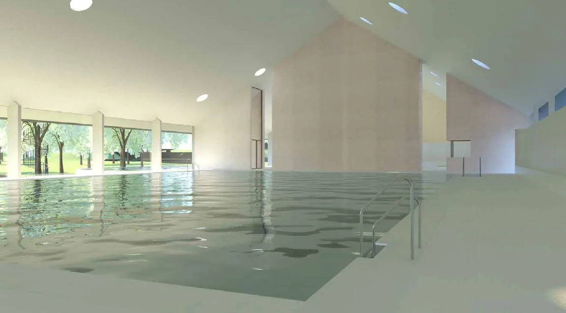 Visualisierung - Innenansicht/Becken des geplanten Hallenbads in Dübendorf.
