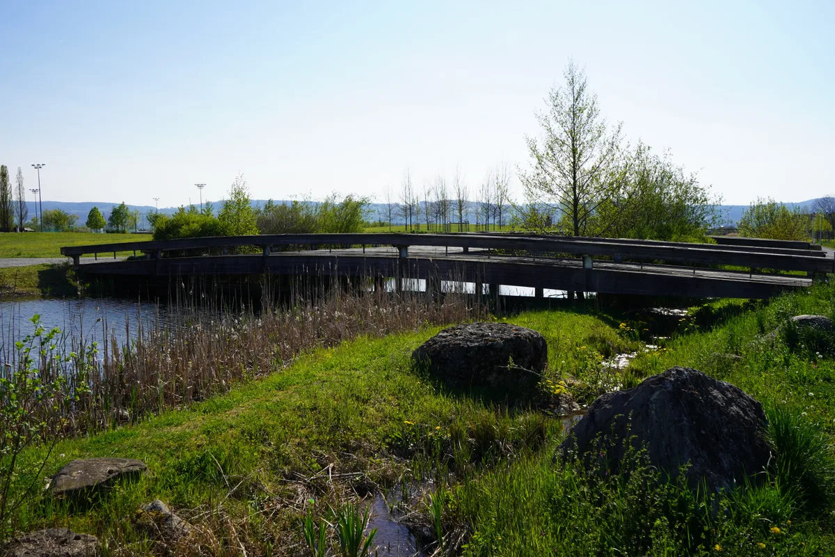 Die Holzbrücke im Griespark soll bald saniert werden, dafür hat der Gemeinderat kürzlich einen Kredit verabschiedet., Wer nicht aufpasst, kann leicht über die hervorstehenden Dielen der Brücke stolpern., Sturzgefahr bietet sich auch für unaufmerksame Velofahrer. Die Längsausrichtung der Bretter soll einer Querausrichtung weichen.