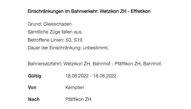Information der SBB zum Zugausfall.