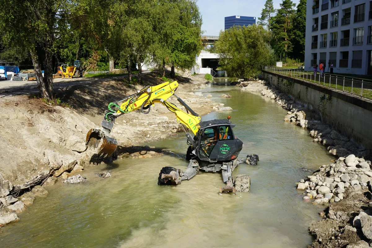 Störsteine, Schwellen und Mulden verursachen unterschiedliche Strömungen und diversifizieren die Lebensräume am und im Wasser. , Renaturiert wird ein rund 400 langer Flussbereich. Der Uferweg bleibt bis zum Frühjahr gesperrt., Die Platzierung der Steine und Verbauungen scheint zufällig, effektiv ist aber alles genau festgelegt. , Robert Kriewitz vom Awel ist der Projektleiter. , Die Mauer links muss stehen bleiben, damit das Grundwasser nicht abfliesst und den Untergrund destabilisiert. , Das verbaute Ufer wurde aufgebrochen, jetzt hat es mehr Platz für die Natur. , Hier bei der Überbauung Riedgarten entsteht eine breite Sitztreppe; die Besitzerin der Liegenschaft beteiligt sich finanziell.. , Unter dieser Steinplatte können sich die Fische vor dem Reiher verstecken.