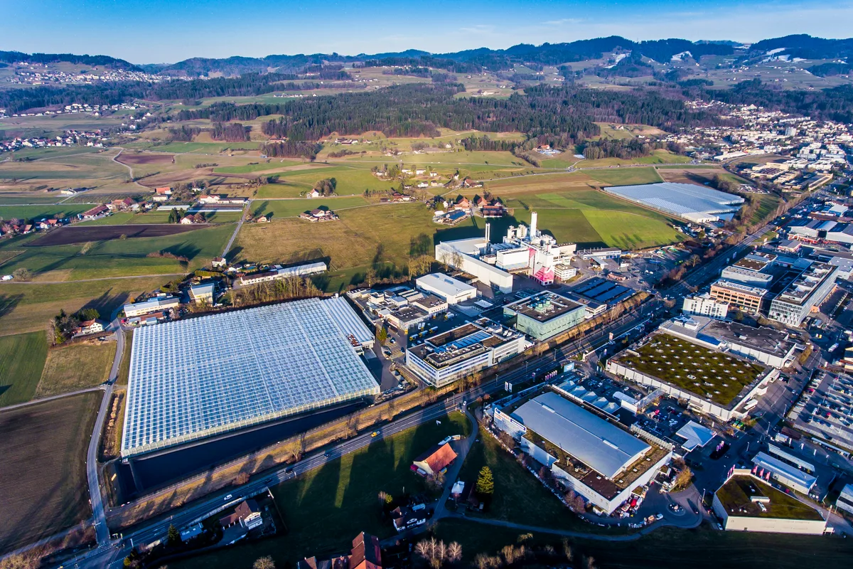 hinwil_16022017_luftaufnahme_crm_3 Die zwei bestehenden Riesengewächshäuser bei der Kezo stiessen auf keinen Widerstand. Das geplante dritte schon. (Bild: Christian Merz)