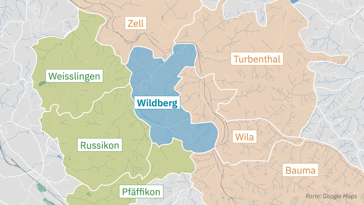 Man sieht eine Karte, auf der Wildberg und die sieben Nachbargemeinden eingezeichnet sind.