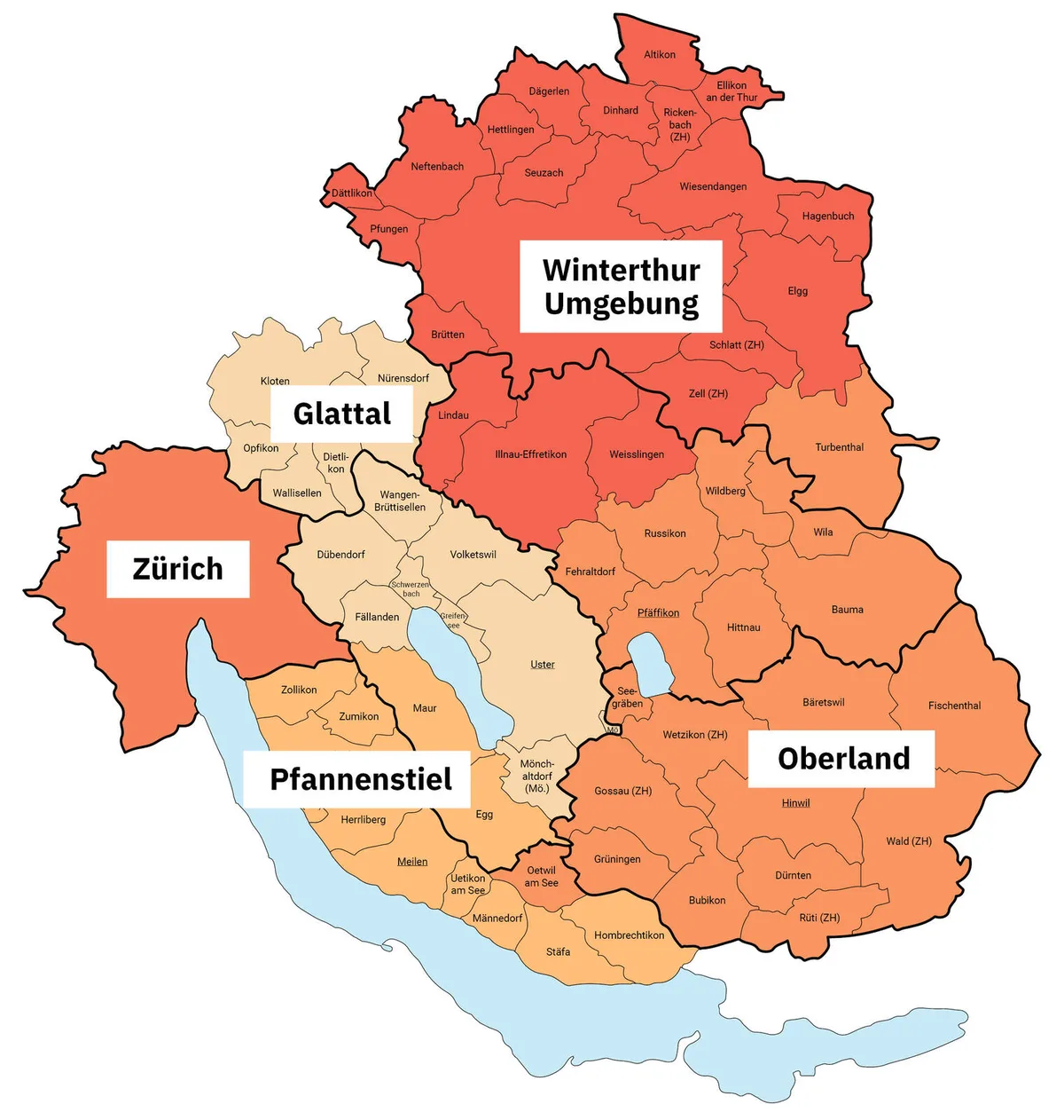 Eine Karte zeigt die mögliche neue Organisation der Bezirke im Oberland.