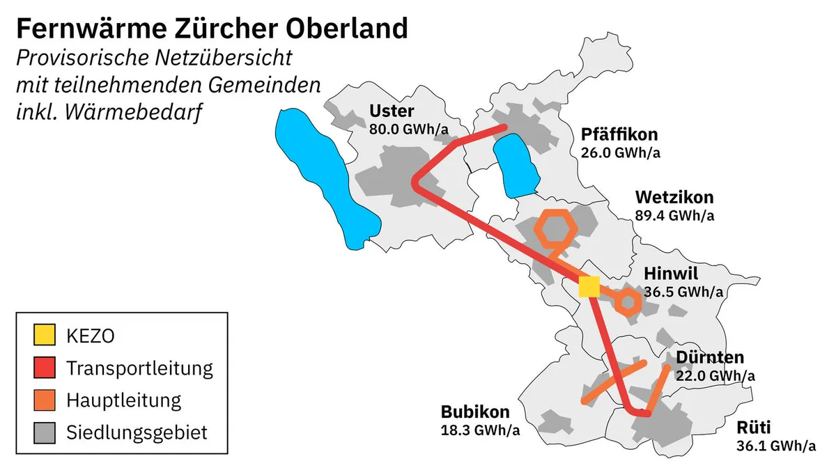 Auf dem Foto sieht man einen Plan, wie das Fernwärmenetz ab Kezo aussehen könnte.
