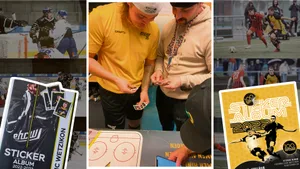 20221109-stickerplausch-ehc-wetzikon-web Auch die Wetziker Erstliga-Eishockeyspieler Noel Siren (links) und Robin Meier sind im Sammelfieber.