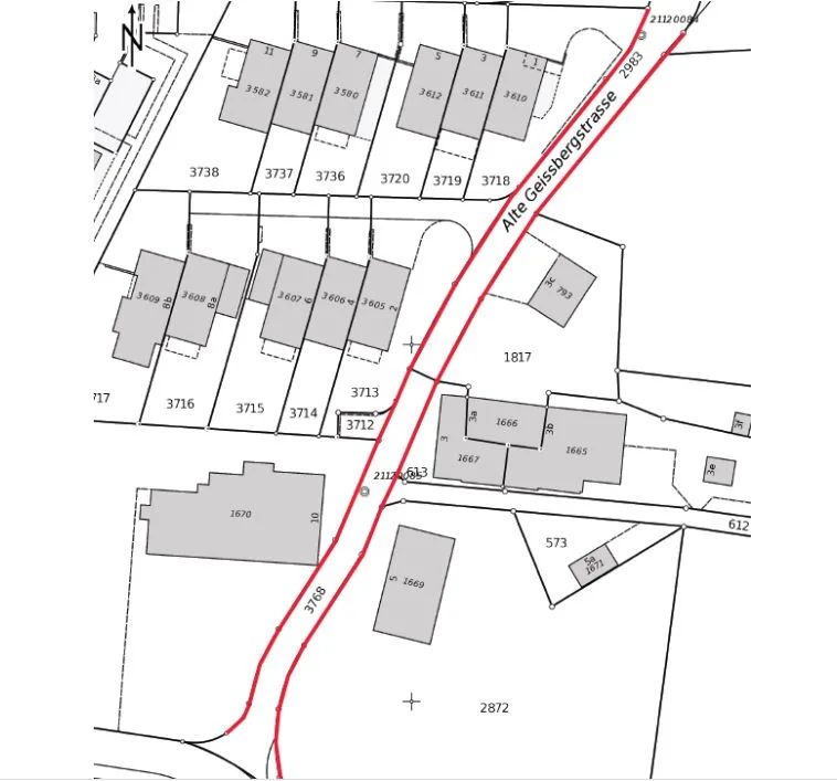Lageplan der Baustelle rot auf einem Grundbuchblatt eingezeichnet.