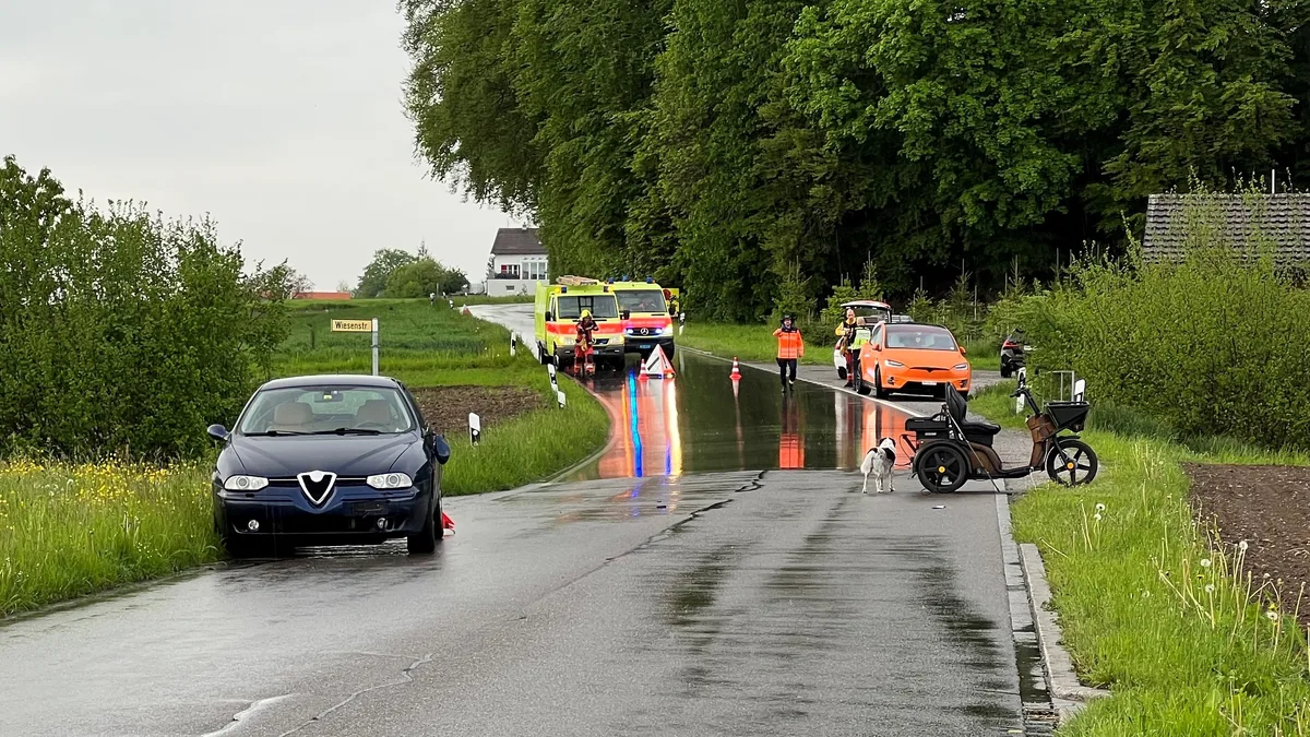 Beim Auto ist der Seitenspiegel weggebrochen. Der Fahrer des Kyburz-Töffs musste ins Spital gebracht werden.