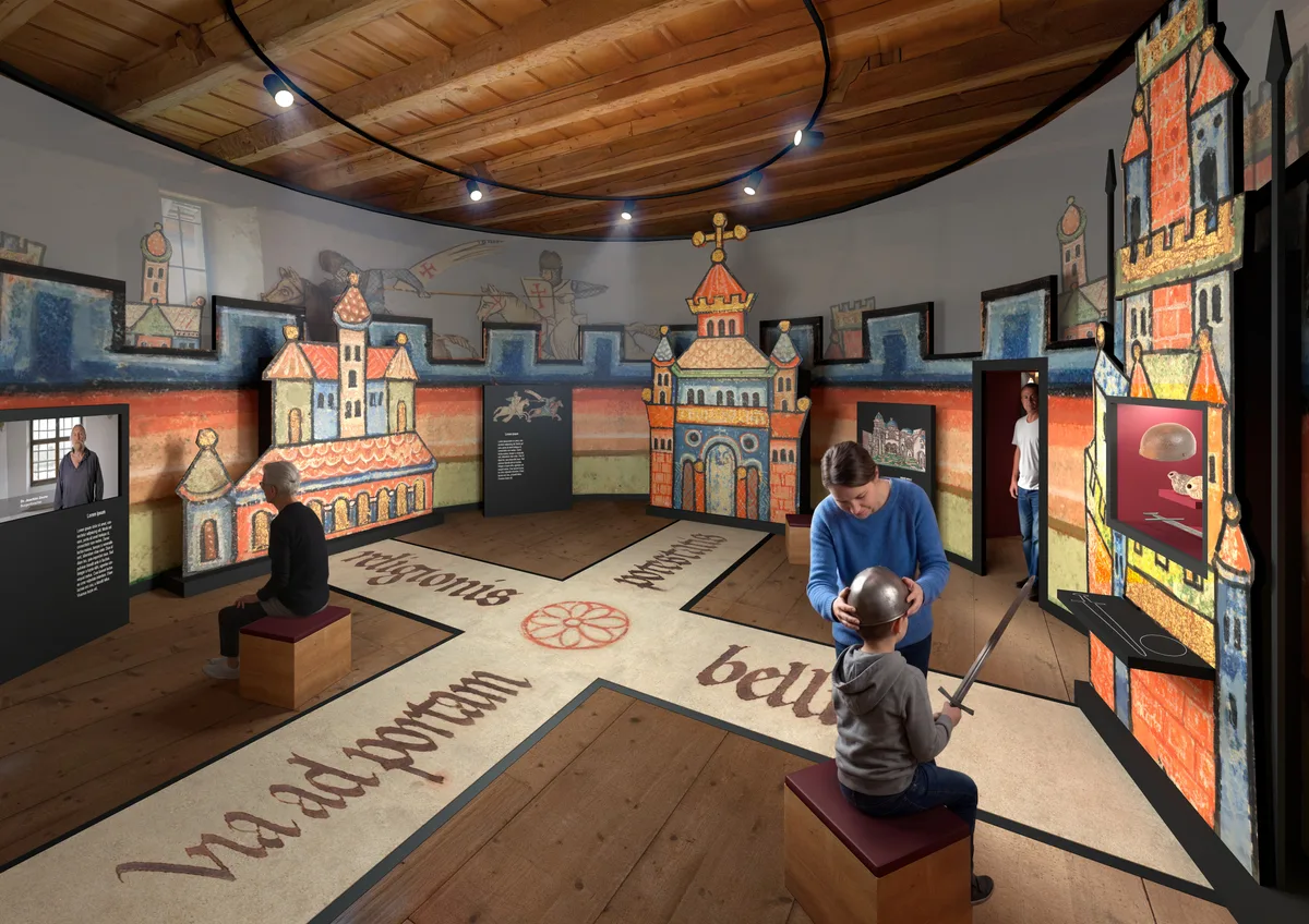 Jerusalem war das Ziel der Kreuzritter: Im ehemaligen Bruderhaus wird nach der Sanierung des Ritterhauses der Ausstellungsfokus auf den Kreuzzügen liegen. Die Visualisierung zeigt die geplante Gestaltung.