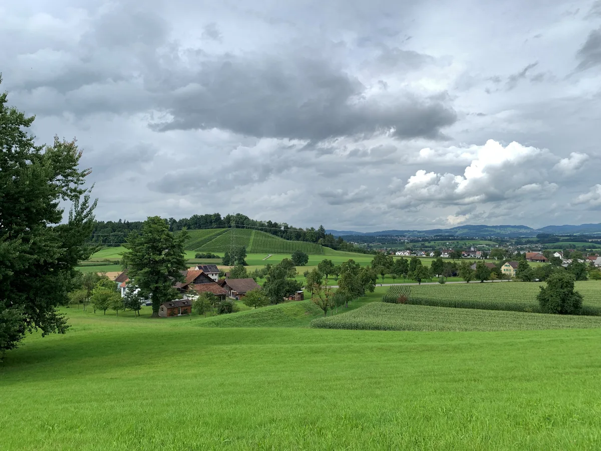 Blick auf den Grüninger Weiler Heispel mit einem ehemaligen Bahndamm.
