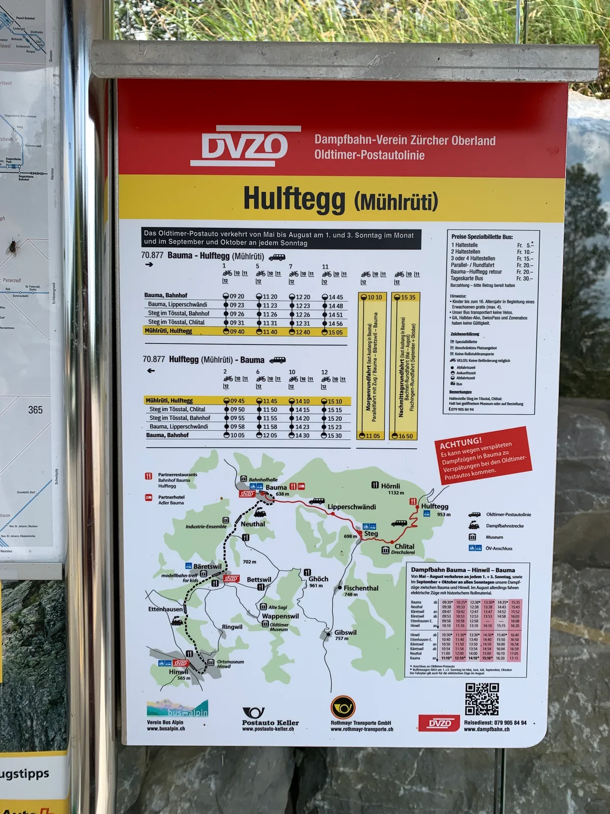 Fahrplan der Postautolinie des DVZO auf die Hulftegg.