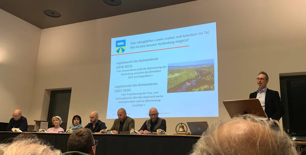 Gemeindeversammlung Seegräben vom 5. Dezember 2023 mit Sprecher Marco Pezzatti (FDP).