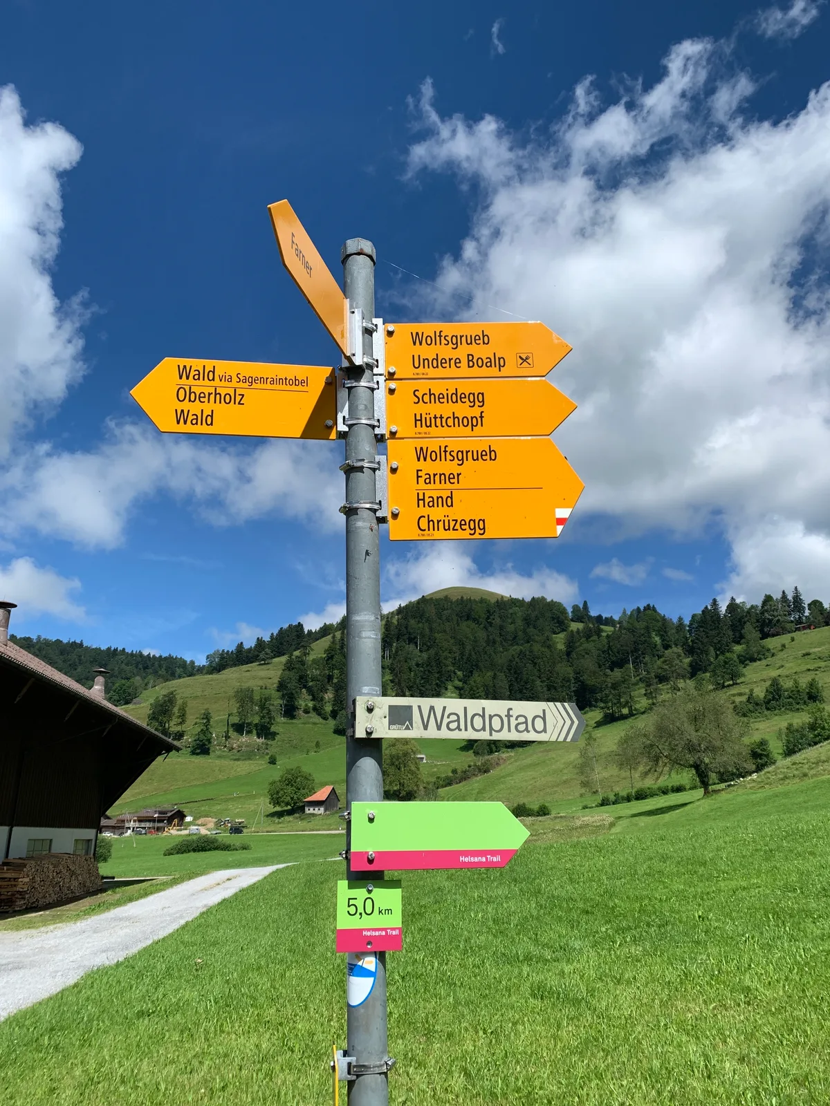 Wanderwegweiser oberhalb von Wald.