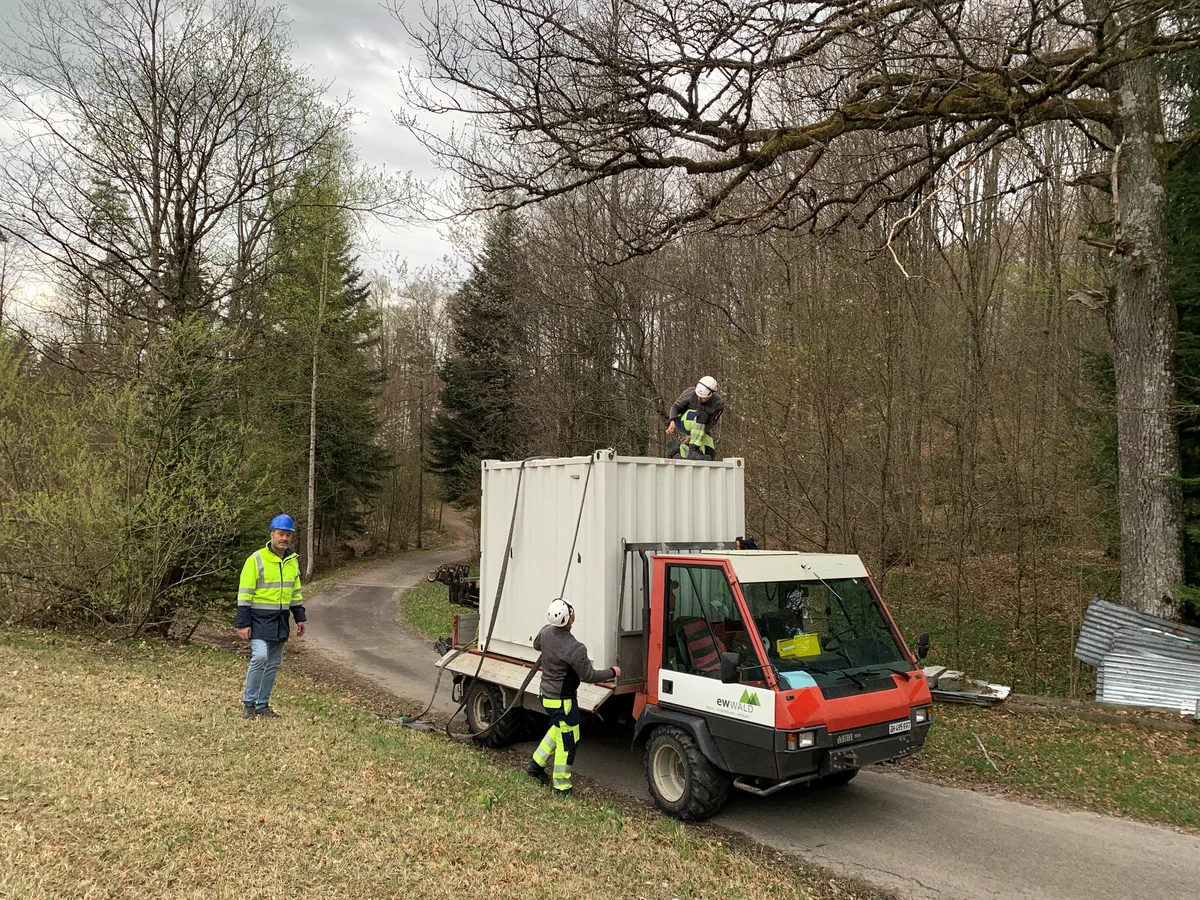 Ein Container wird auf einem Transporter festgezurrt.