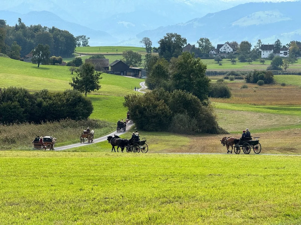 Für die Fahrt müssen die Wagen mit passendem Geschirr eingespannt sein. Fahrende, Grooms und Gäste tragen dem Wagen entsprechende Kleidung. Kutschen fahren durchs Zürcher Oberland.