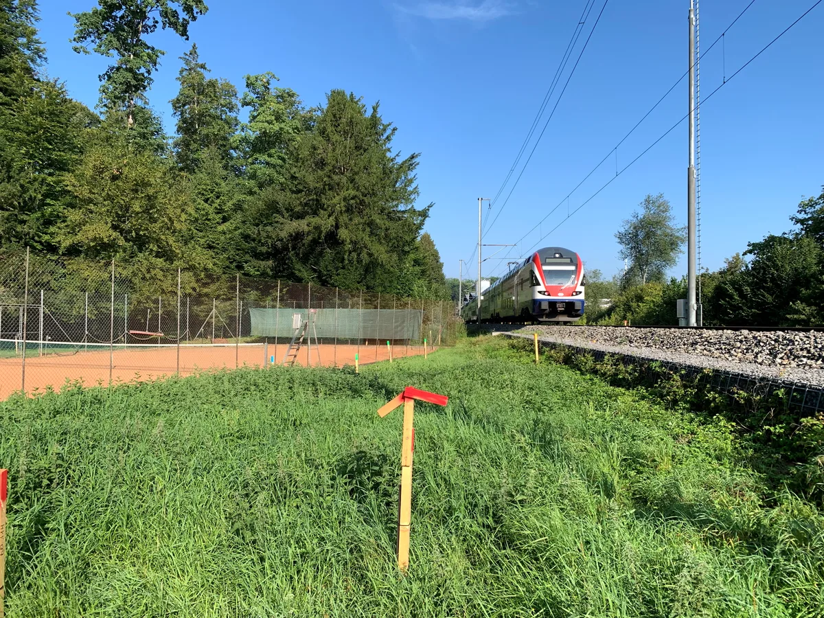 Ein Zug fährt an einem Tennisplatz vorbei.