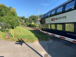 Markierungen für Doppelspurausbau der Bahnstrecke durchs Aatal zwischen den Bahnhöfen Uster und Aathal, Aufnahmen vom 18. August 2025; im Bild: Bahnübergang beim Trümpler-Areal in Oberuster mit Bahnschranke Barriere und Signal Markierungen für Doppelspurausbau der Bahnstrecke durchs Aatal zwischen den Bahnhöfen Uster und Aathal, Aufnahmen vom 18. August 2025; im Bild: Bahnübergang beim Trümpler-Areal in Oberuster mit Bahnschranke Barriere und Signal