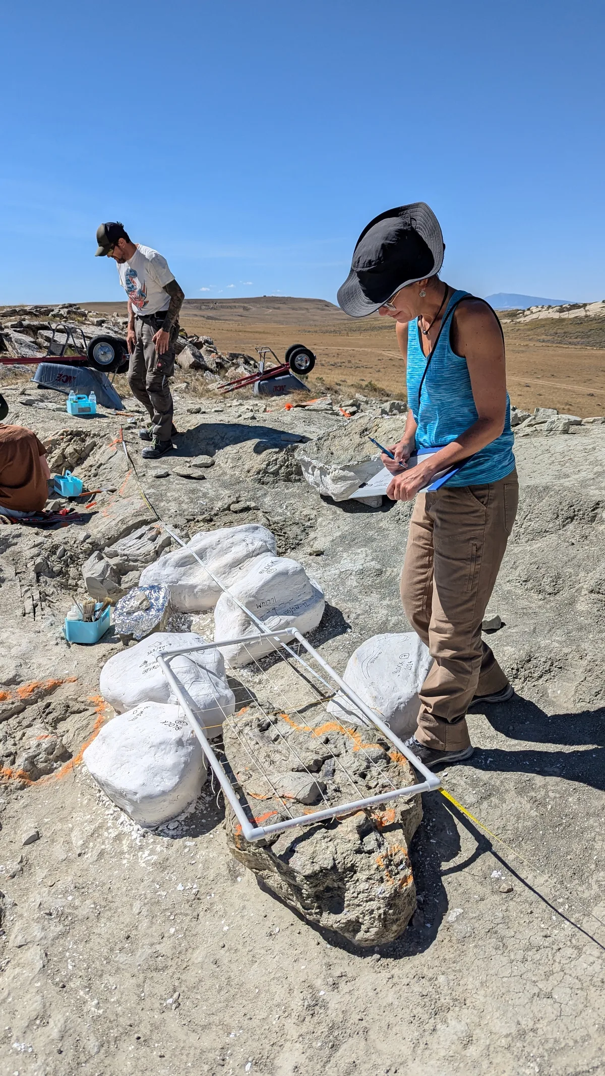 Yolanda Schicker-Siber macht sich bei der Grabung in Meilyn Quarry im Bundesstaat Wyoming (USA) Notizen.