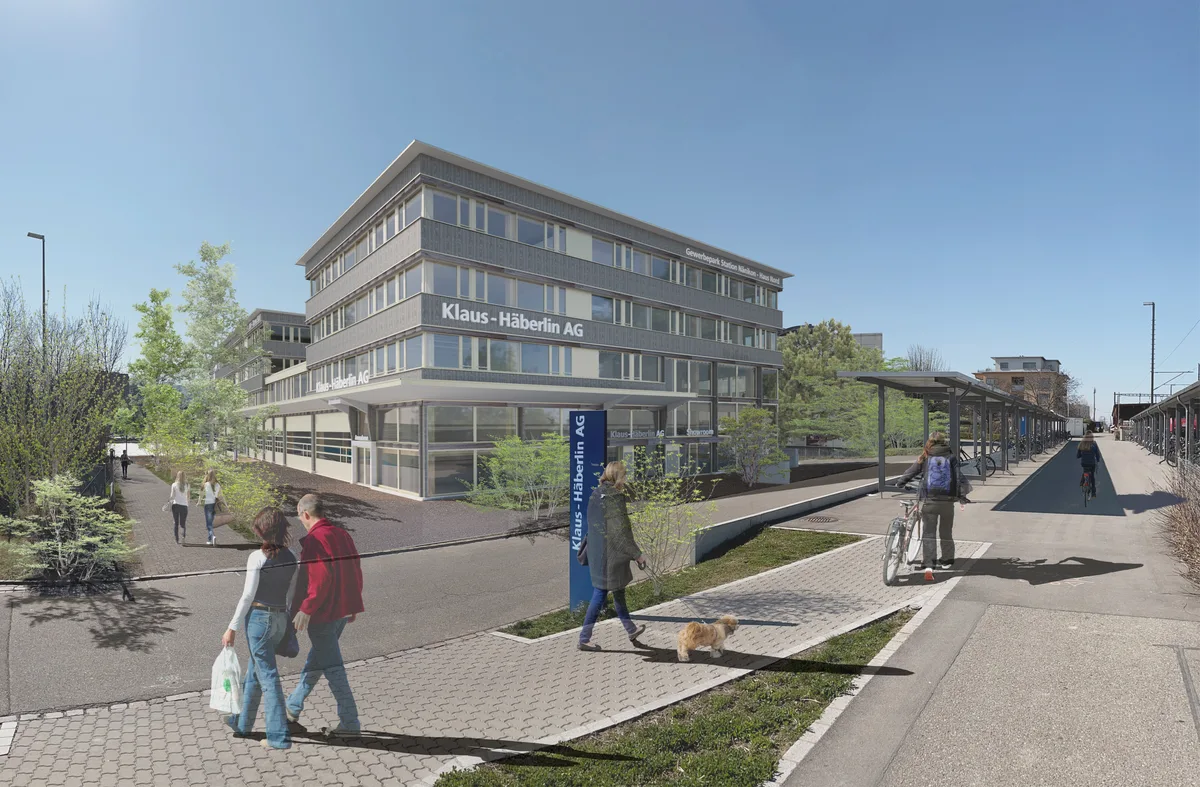 Visualisierung der Gewerbeparks Station Nänikon von aussen.