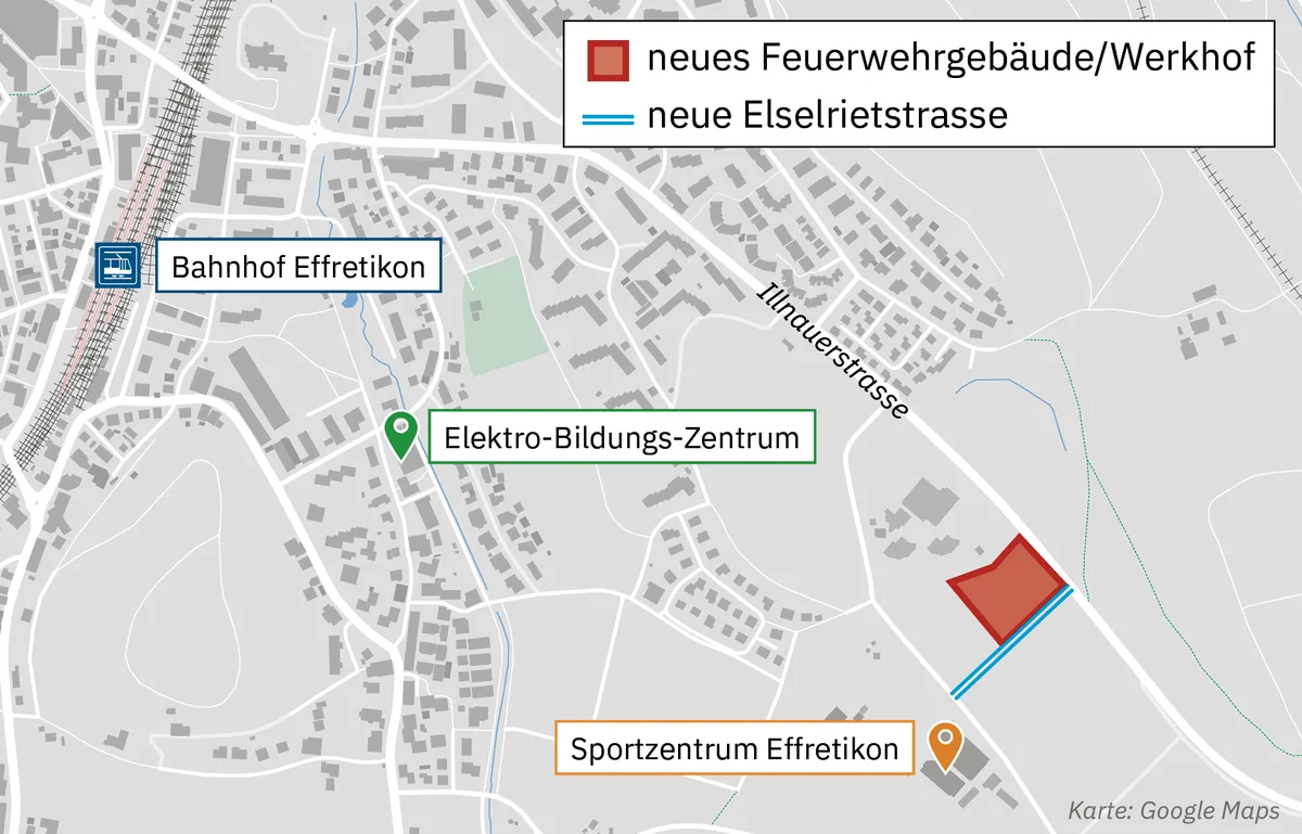 Der erste Schritt ist bereits getan: Die neue Eselrietstrasse ist in Betrieb. Visualisierung des geplanten Feuerwehr- und Werkgebäudes in Illnau-Effretikon.